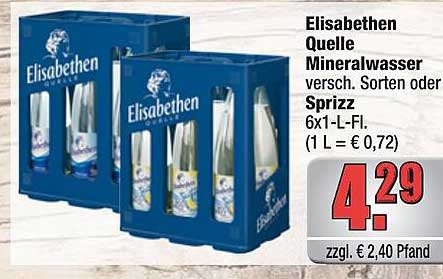 Elisabethen Quelle Mineralwasser versch. Sorten oder Sprizz 6x1-L-Fl. (1 L = € 0,72)