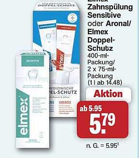 Elmex Zahnpflege Sensitive oder Aronal/Elmex Doppel-Schutz 400-ml-Packung/2 x 75-ml-Packung (1 l ab 14.48)