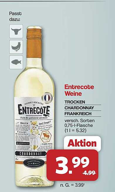 Entrecote Weine TROCKEN CHARDONNAY FRANKREICH versc. Sorten 0,75-l-Flasche (1 l = 5.32)
