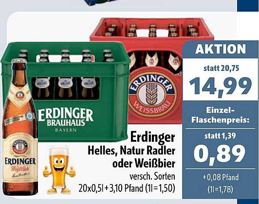 Erdinger Helles, Natur Radler oder Weißbier versch. Sorten 20x0,5l + 3,10 Pfand (1l=1,50)