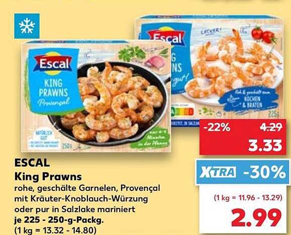 ESCAL King Prawns rohe, geschälte Garnelen, Provençal mit Kräuter-Knoblauch-Würzung oder pur in Salzlake mariniert je 225 - 250-g-Packg.