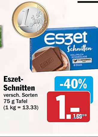Eszet-Schnitten versch. Sorten 75 g Tafel (1 kg = 13.33)