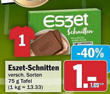 Eszet-Schnitten versch. Sorten 75 g Tafel (1 kg = 13.33)