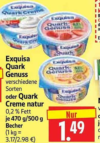 Exquisa Quark Genuss verschiedene Sorten oder Quark Creme natur 0,2 % Fett je 470 g/500 g Becher