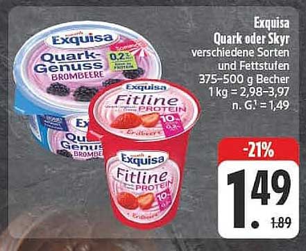Exquisa Quark oder Skyr verschiedene Sorten und Fettstufen 375-500 g Becher 1 kg = 2,98–3,97 n. G. = 1,49