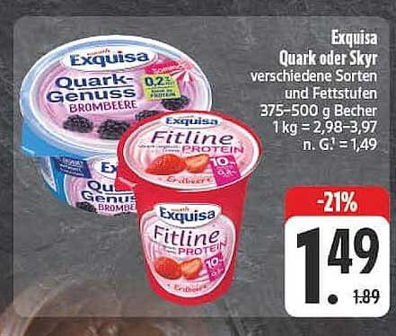 Exquisa Quark oder Skyr verschiedene Sorten und Fettstufen 375-500 g Becher 1kg = 2,98-3,97 n. G. = 1,49