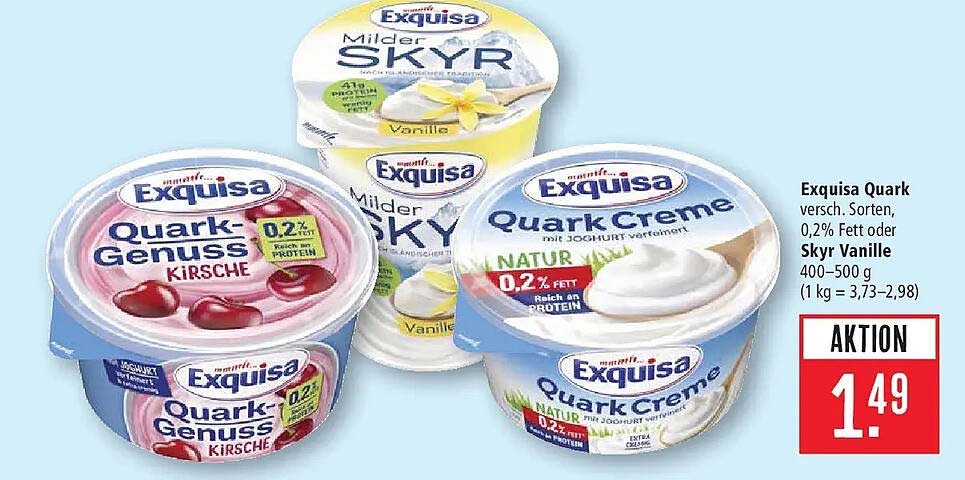 Exquisa Quark verschieden Sorten, 0,2% Fett oder Skyr Vanille 400–500 g