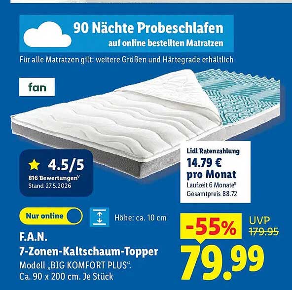 F.A.N. 7-Zonen-Kaltschaum-Topper Modell „BIG KOMFORT PLUS“