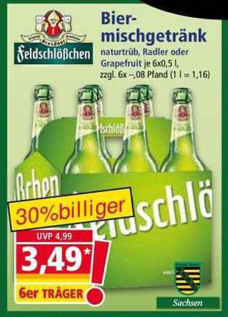 Feldschlößchen Biermischgetränk naturtrüb, Radler oder Grapefruit je 6x0,5 l, zzgl. 6x-0,08 Pfand (1 l = 1,16)