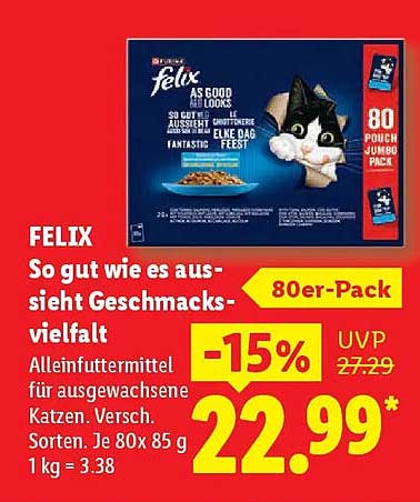 FELIX So gut wie es aussieht Geschmacks-vielfalt Alleinfuttermittel für ausgewachsene Katzen. Versch. Sorten. Je 80x 85 g 1 kg = 3.38