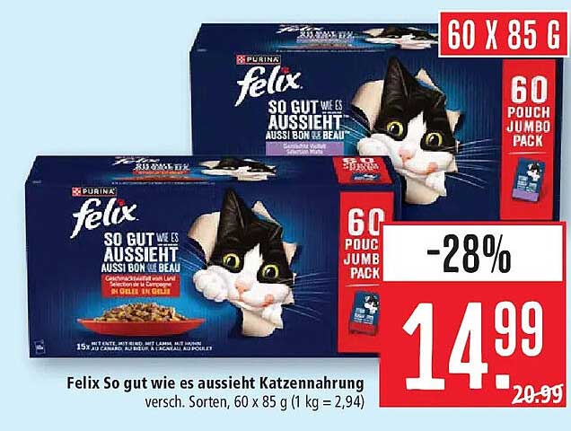 Felix So gut wie es aussieht Katzennahrung versch. Sorten, 60 x 85 g (1 kg = 2,94)