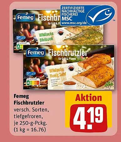 Femeg Fischbrutzler versch. Sorten, tiefgefroren, je 250-g-Pckg. (1 kg = 16.76)