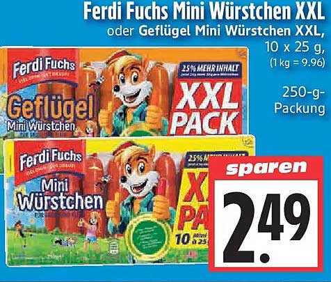 Ferdi Fuchs Mini Würstchen XXL oder Geflügel Mini Würstchen XXL, 10 x 25 g, 250-g-Packung