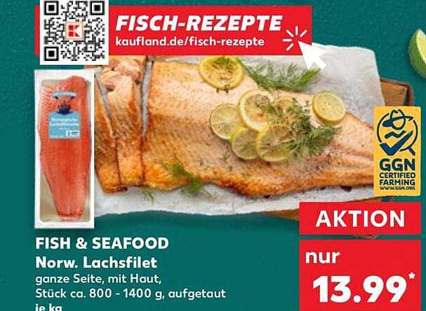 FISH & SEAFOOD Norw. Lachsfilet ganze Seite, mit Haut, Stück ca. 800 - 1400 g, aufgetaut