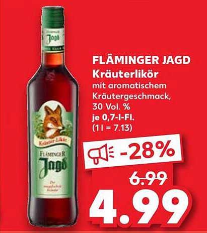 FLÄMINGER JAGD Kräuterlikör mit aromatischem Kräutergeschmack, 30 Vol. % je 0,7-l-Fl. (1 l = 7.13)