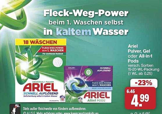 Fleck-Weg-Power beim 1. Waschen selbst in kaltem Wasser