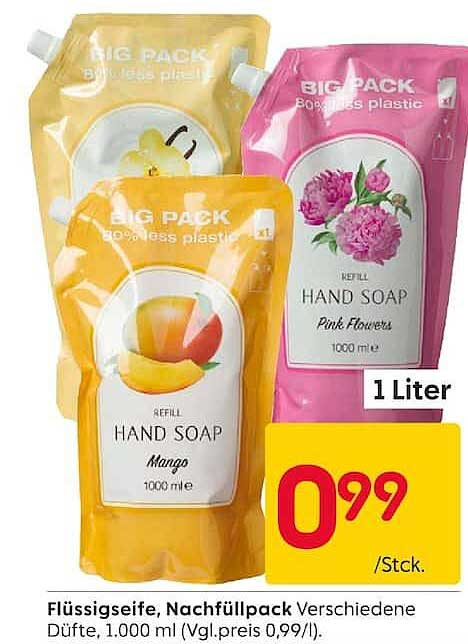 Flüssigseife, Nachfüllpack Verschiedene Düfte, 1.000 ml (Vgl.preis 0,99/l).