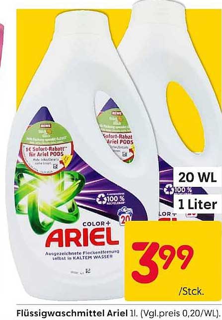 Flüssigwaschmittel Ariel 1l. (Vgl.preis 0,20/WL).