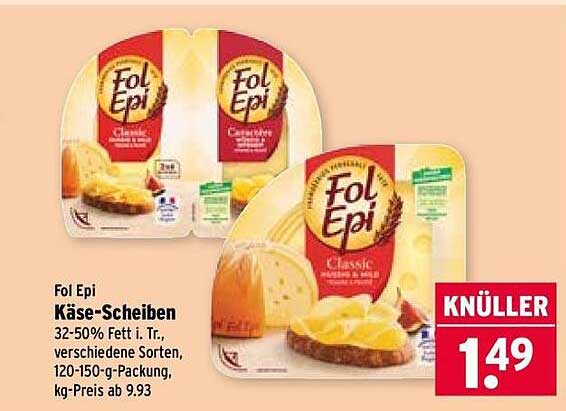Fol Epi Käse-Scheiben 32-50% Fett i. Tr., verschiedene Sorten, 120-150-g-Packung, kg-Preis ab 9.93