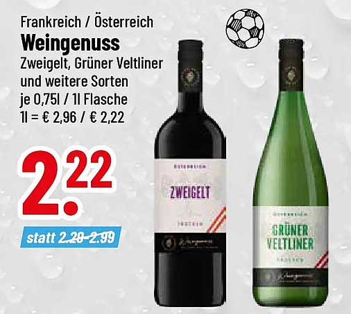 Frankreich / Österreich Weingenuss Zweigelt, Grüner Veltliner und weitere Sorten je 0,75l / 1l Flasche 1l = € 2,96 / € 2,22