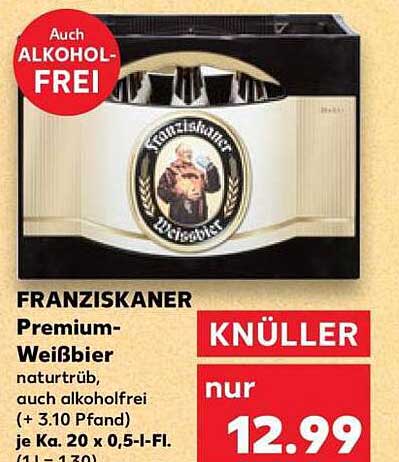 FRANZISKANER Premium-Weißbier naturtrüb, auch alkoholfrei (+ 3.10 Pfand) je Ka. 20 x 0,5-l-Fl. (1 l = 1,30)