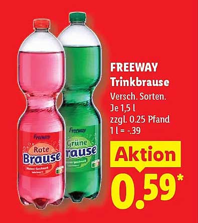 FREEWAY Trinkbrause Versch. Sorten. Je 1,5 l zzgl. 0.25 Pfand 1 l = .39 Aktion 0.59*
