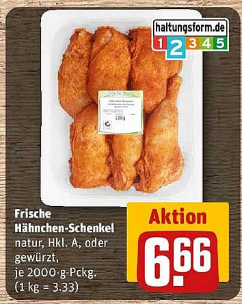 Frische Hähnchen-Schenkel natur, Hkl. A, oder gewürzt, je 2000-g-Packg. (1 kg = 3.33)