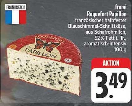 fromi Roquefort Papillon französischer halbfester Blauschimmel-Schnittkäse, aus Schafrohmilch, 52% Fett i. Tr., aromatisch-intensiv 100 g
