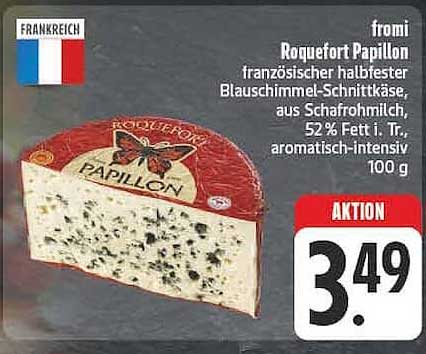 fromi Roquefort Papillon französischer halbfester Blauschimmel-Schnittkäse, aus Schafrohmilch, 52% Fett i. Tr., aromatisch-intensiv 100 g