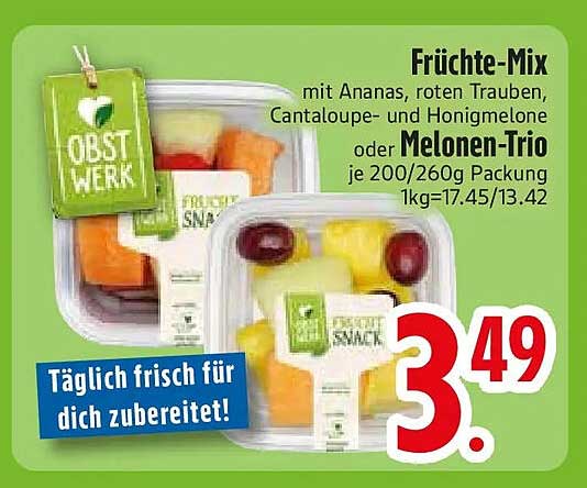 Früchte-Mix mit Ananas, roten Trauben, Cantaloupe- und Honigmelone oder Melonen-Trio