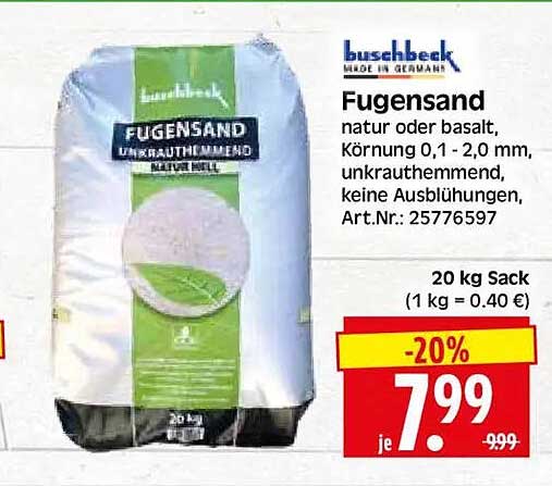 Fugensand natur oder basalt, Körnung 0,1 - 2,0 mm, unkrauthemmend, keine Ausblühungen, Art.Nr.: 25776597