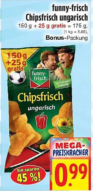 funny-frisch Chipsfrisch ungarisch 150 g + 25 g gratis = 175 g, (1 kg = 5.66), Bonus-Packung