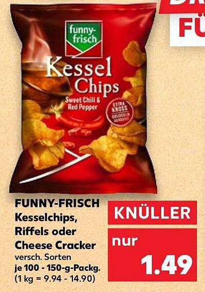FUNNY-FRISCH Kesselchips, Riffels oder Cheese Cracker versch. Sorten je 100 - 150-g-Packg. (1 kg = 9.94 - 14.90)