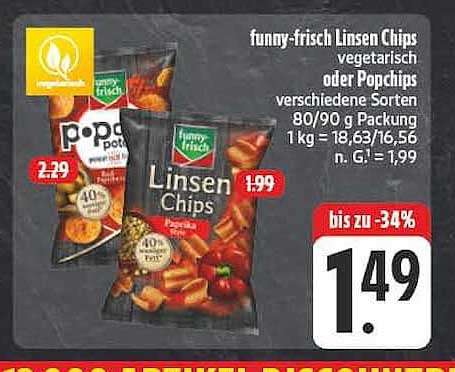 funny-frisch Linsen Chips vegetarisch oder Popchips verschiedene Sorten 80/90 g Packung 1 kg = 18,63/16,56 n. G. = 1,99