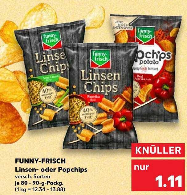 FUNNY-FRISCH Linsen- oder Popchips versch. Sorten je 80 - 90-g-Packg. (1 kg = 12.34 - 13.88)