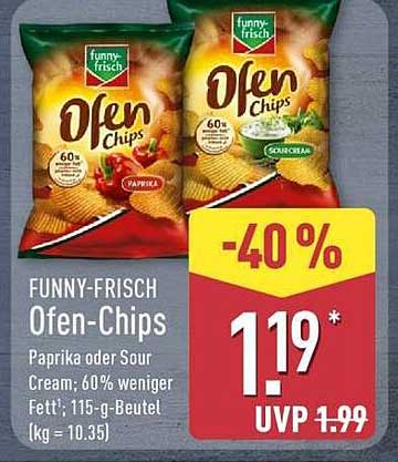 FUNNY-FRISCH Ofen-Chips Paprika oder Sour Cream: 60% weniger Fett; 115-g-Beutel 1kg = 10.35