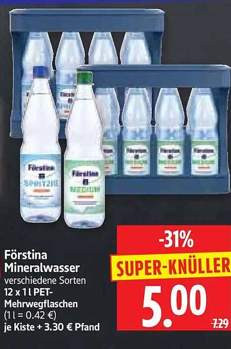 Fürstina Mineralwasser verschiedene Sorten 12 x 1 l PET-Mehrwegflaschen (1 l = 0.42 €) je Kiste + 3.30 € Pfand