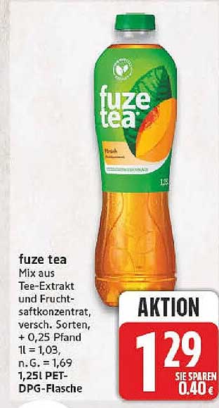 fuze tea Mix aus Tee-Extrakt und Fruchtsaftkonzentrat, versch. Sorten, + 0,25 Pfand 1l = 1,03, n.G. = 1,69, 1,25l PET-DPG-Flasche