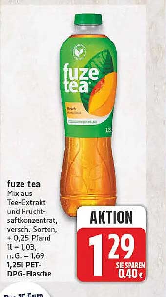 fuze tea Mix aus Tee-Extrakt und Fruchtsaftkonzentrat, versch. Sorten, + 0,25 Pfand l = 1,03, n. G. = 1,69 1,25l PET-DPG-Flasche