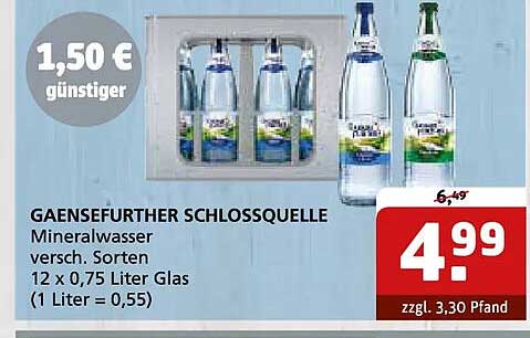 GAENSEFURTHER SCHLOSSQUELLE Mineralwasser versch. Sorten 12 x 0,75 Liter Glas (1 Liter = 0,55)