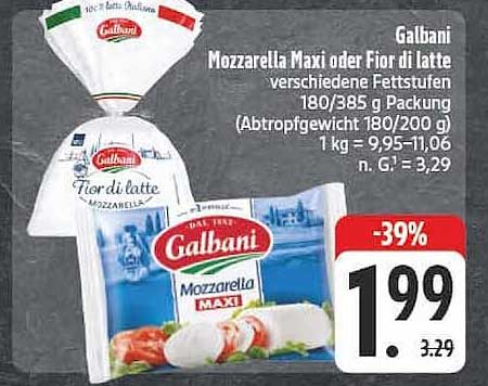 Galbani Mozzarella Maxi oder Fior di latte verschiedene Fettstufen 180/385 g Packung (Abtropfgewicht 180/200 g)