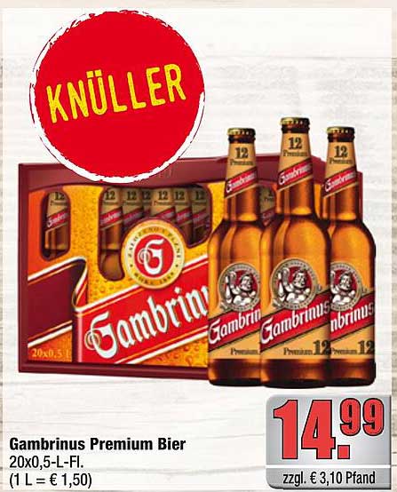 Gambrinus Premium Bier 20x0,5-L-Fl. (1 L = € 1,50)