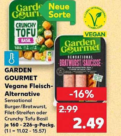 GARDEN GOURMET Vegane Fleisch-Alternative Sensational Burger/Bratwurst, Filet-Streifen oder Crunchy Tofu Basil je 160 - 226-g-Packg. (1 l = 11.02 - 15.57)
