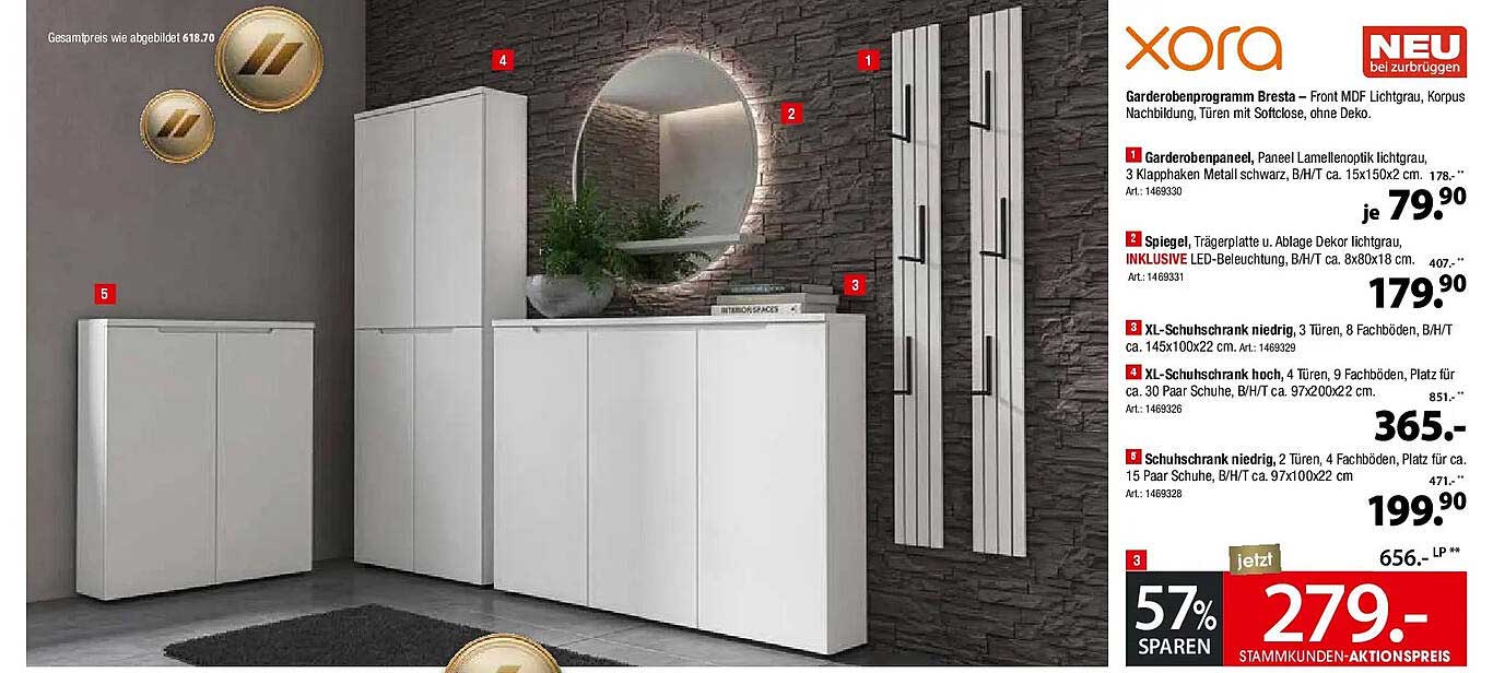 Garderobenprogramm Bresta – Front MDF Lichtgrau, Korpus Nachbildung, Türen mit Softclose, ohne Deko.