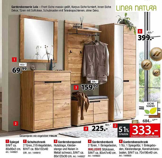 Garderobenserie Lola – Front Fiche massiv geölt, Korpus Fiche furniert, innen Eiche Dekor, Türen mit Softclose, Schubkasten mit Teleskopschienen, ohne Deko.