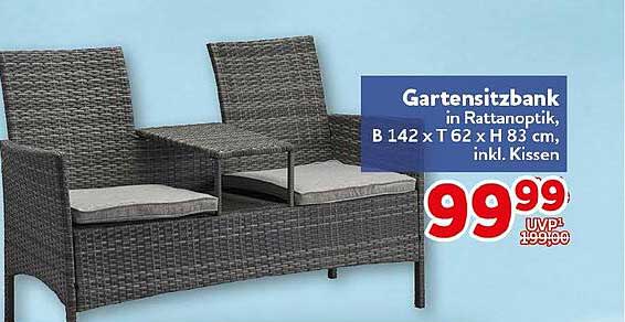 Gartensitzbank in Rattanoptik, B 142 x T 62 x H 83 cm, inkl. Kissen