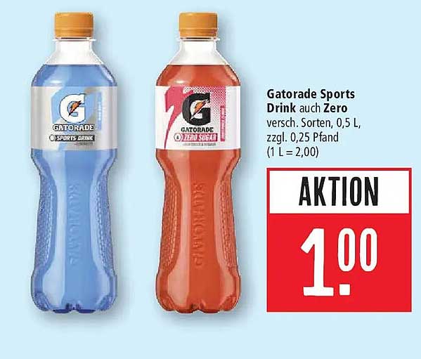 Gatorade Sports Drink auch Zero versch. Sorten, 0,5 L, zzgl. 0,25 Pfand (1 L = 2,00)
