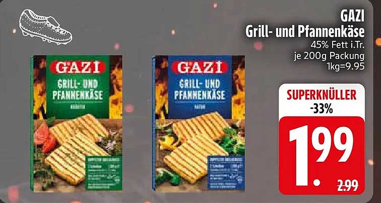 GAZI Grill- und Pfannenkäse 45% Fett i.Tr. je 200g Packung 1kg=9.95