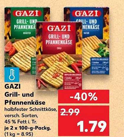 GAZI Grill- und Pfannenkäse halb fester Schnittkäse, versch. Sorten, 45 % Fett i. Tr. je 2 x 100-g-Packg. (1 kg = 8.95)