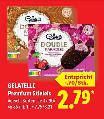 GELATELLI Premium Stieleis Versch. Sorten. Je 4x 90/4x 85 ml; 1 l = 7,75/8,21
